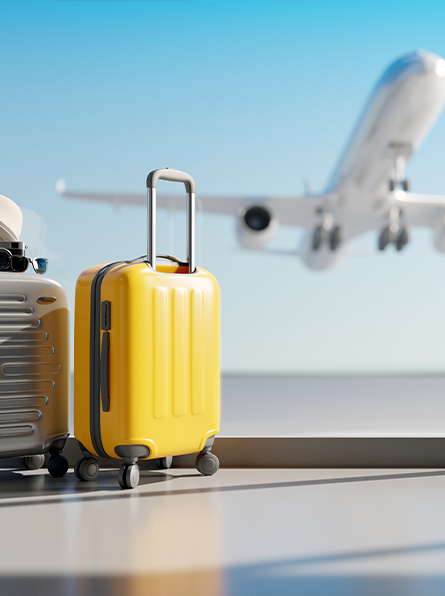 Suitcases next to window at airport